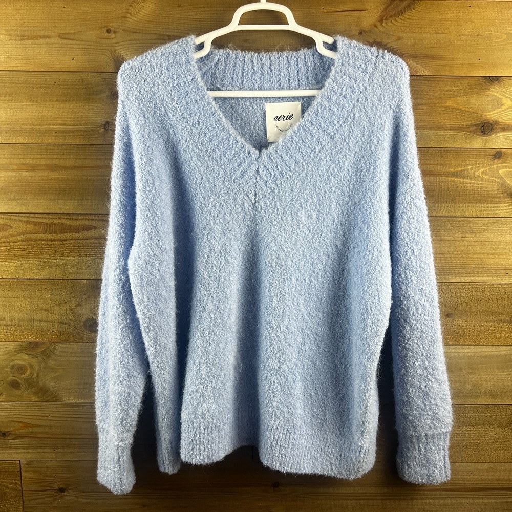 Aerie Womens Sweater Teddy Boucle Oversized Fuzzy Vneck Cozy Wool Blend Large - Picture 1 of 7